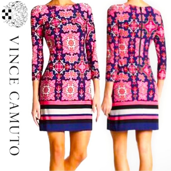 Vince Camuto Dresses & Skirts - Vince Camuto Pink and Blue Lined Floral Geometric Sheath Dress Size 4